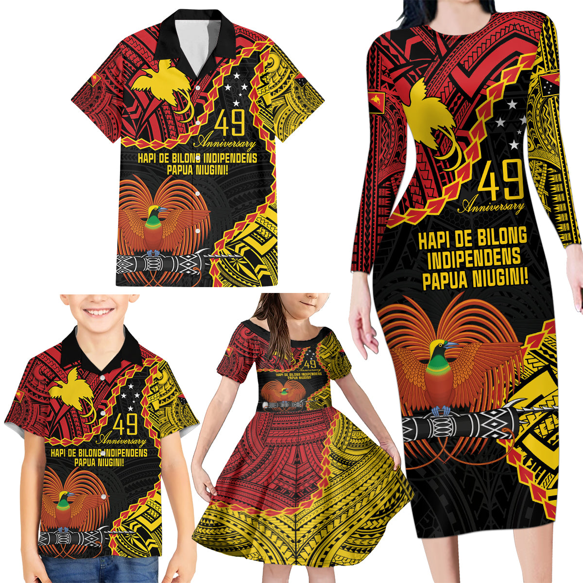 Personalised Papua New Guinea 49th Anniversary Family Matching Long Sleeve Bodycon Dress and Hawaiian Shirt Hapi De bilong Indipendens Papua Niugini