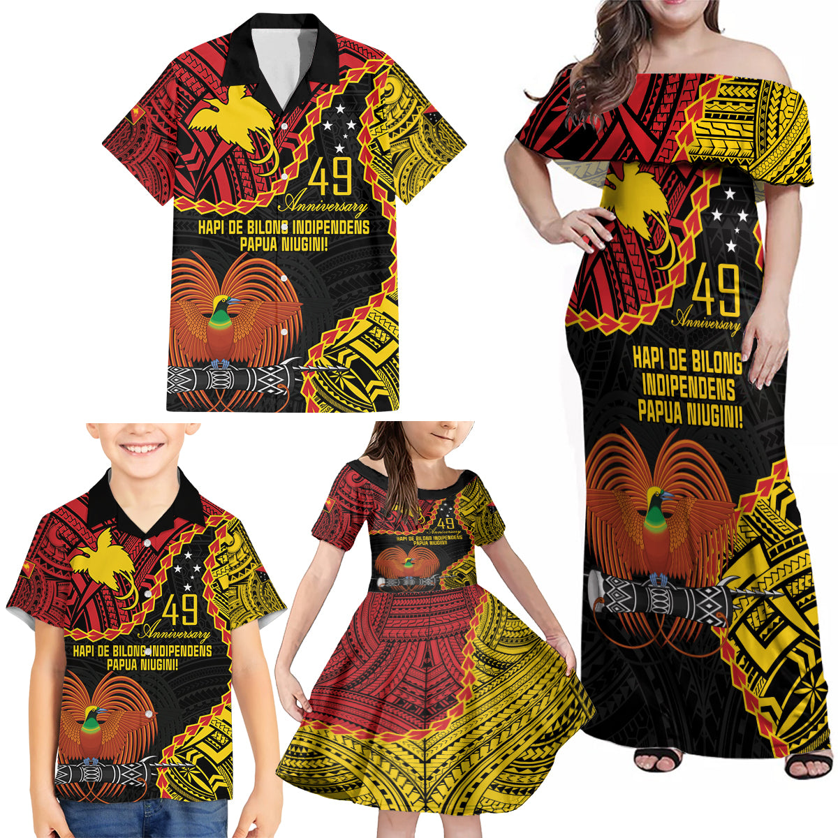 Personalised Papua New Guinea 49th Anniversary Family Matching Off Shoulder Maxi Dress and Hawaiian Shirt Hapi De bilong Indipendens Papua Niugini LT9 - Polynesian Pride