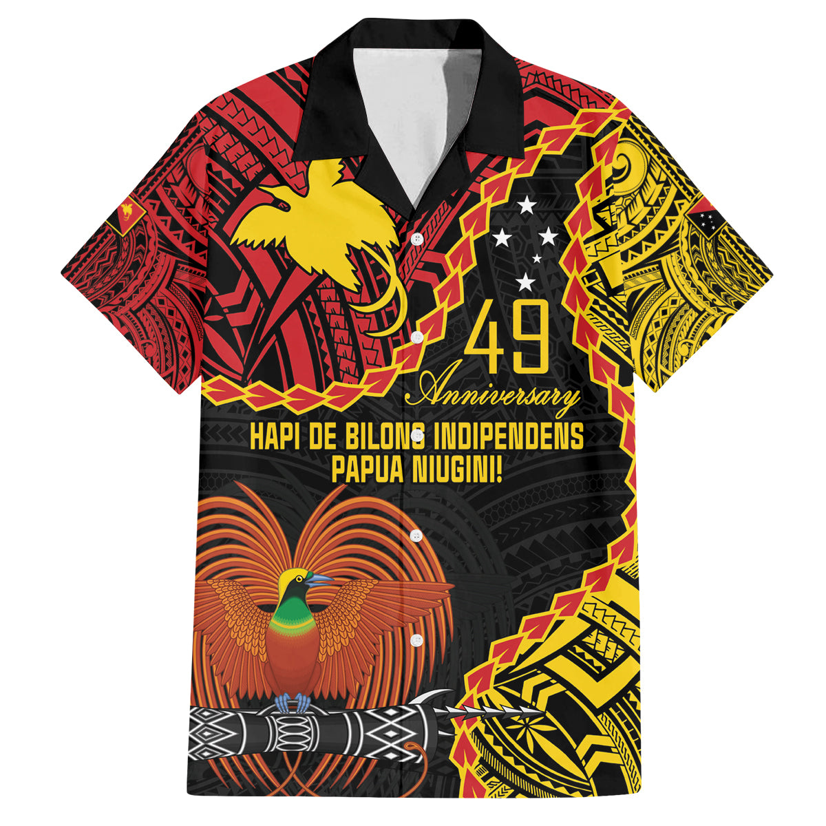 Personalised Papua New Guinea 49th Anniversary Family Matching Off Shoulder Maxi Dress and Hawaiian Shirt Hapi De bilong Indipendens Papua Niugini LT9 Dad's Shirt - Short Sleeve Black - Polynesian Pride