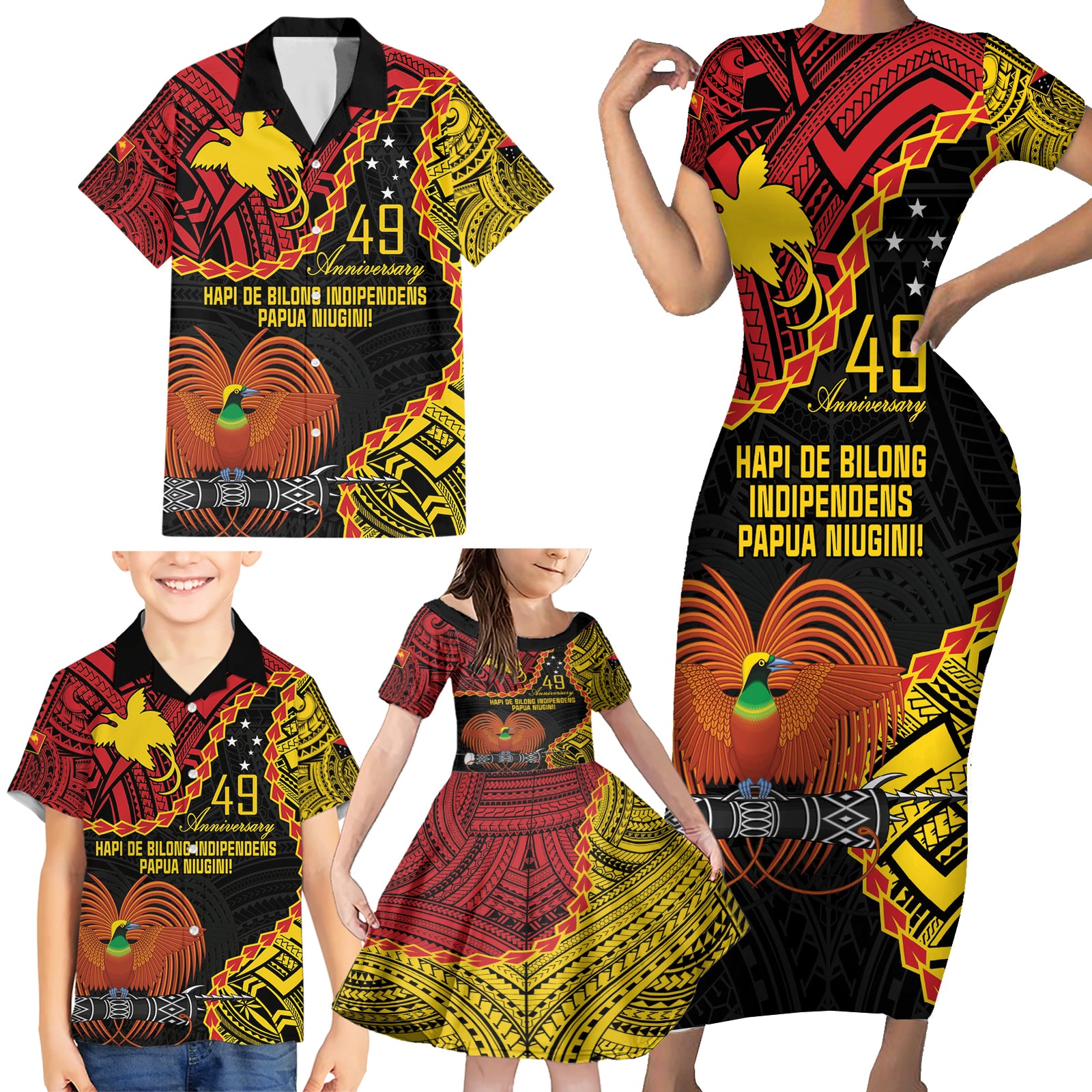 Personalised Papua New Guinea 49th Anniversary Family Matching Short Sleeve Bodycon Dress and Hawaiian Shirt Hapi De bilong Indipendens Papua Niugini LT9 - Polynesian Pride