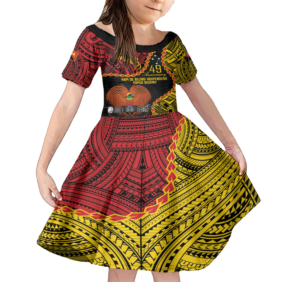 Personalised Papua New Guinea 49th Anniversary Family Matching Summer Maxi Dress and Hawaiian Shirt Hapi De bilong Indipendens Papua Niugini LT9 Daughter's Dress Black - Polynesian Pride