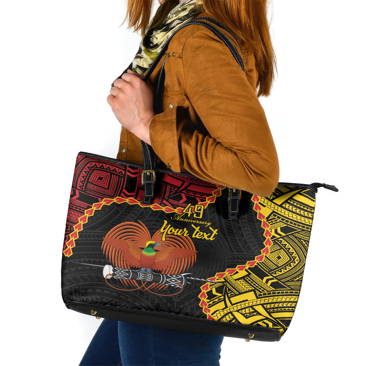 Personalised Papua New Guinea 49th Anniversary Leather Tote Bag Hapi De bilong Indipendens Papua Niugini LT9 Black - Polynesian Pride