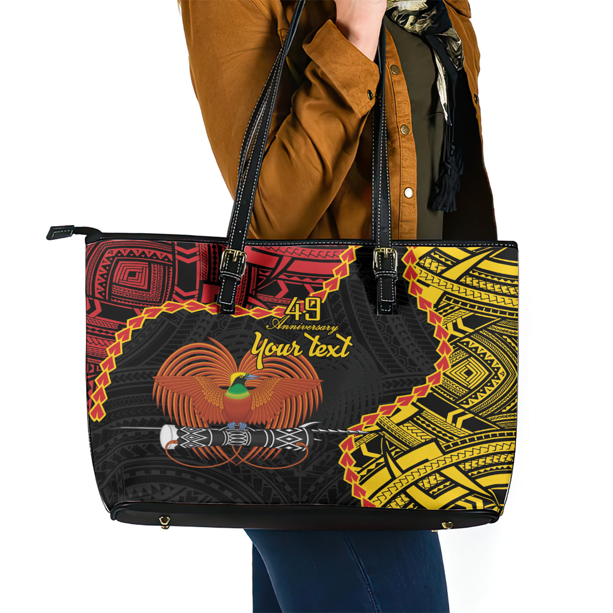 Personalised Papua New Guinea 49th Anniversary Leather Tote Bag Hapi De bilong Indipendens Papua Niugini LT9 - Polynesian Pride