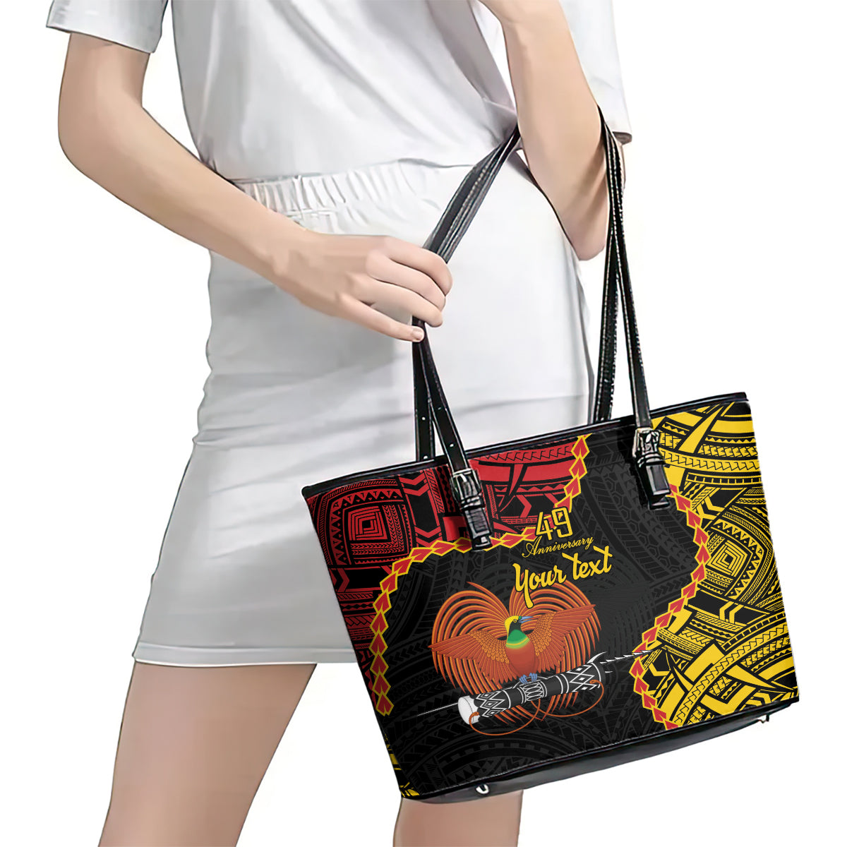 Personalised Papua New Guinea 49th Anniversary Leather Tote Bag Hapi De bilong Indipendens Papua Niugini LT9 - Polynesian Pride