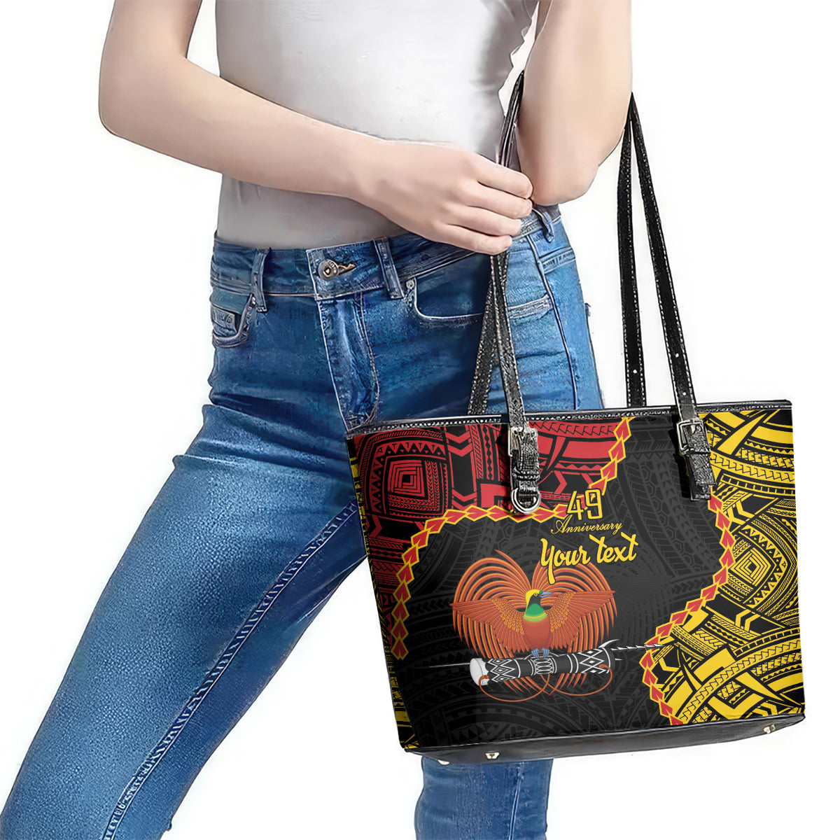 Personalised Papua New Guinea 49th Anniversary Leather Tote Bag Hapi De bilong Indipendens Papua Niugini LT9 - Polynesian Pride