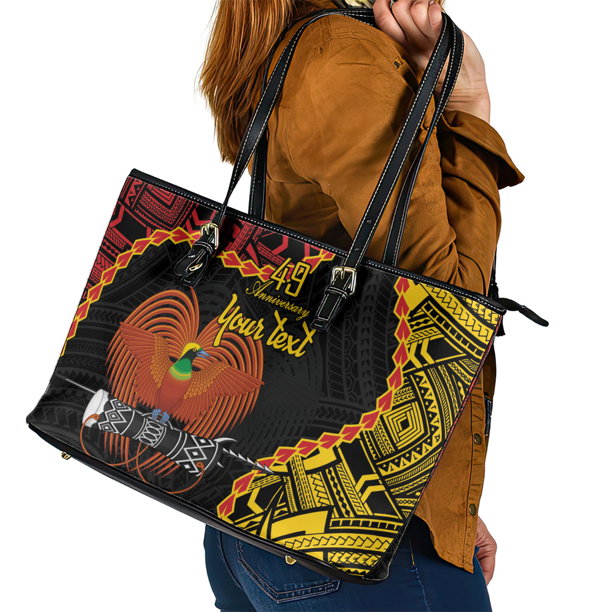 Personalised Papua New Guinea 49th Anniversary Leather Tote Bag Hapi De bilong Indipendens Papua Niugini LT9 - Polynesian Pride