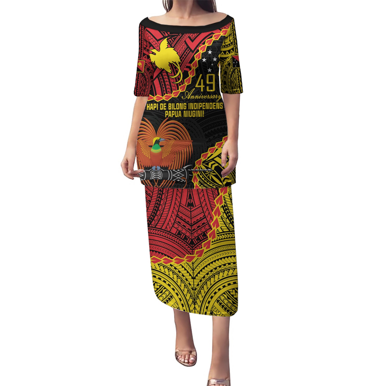 Personalised Papua New Guinea 49th Anniversary Puletasi Hapi De bilong Indipendens Papua Niugini LT9 Long Dress Black - Polynesian Pride