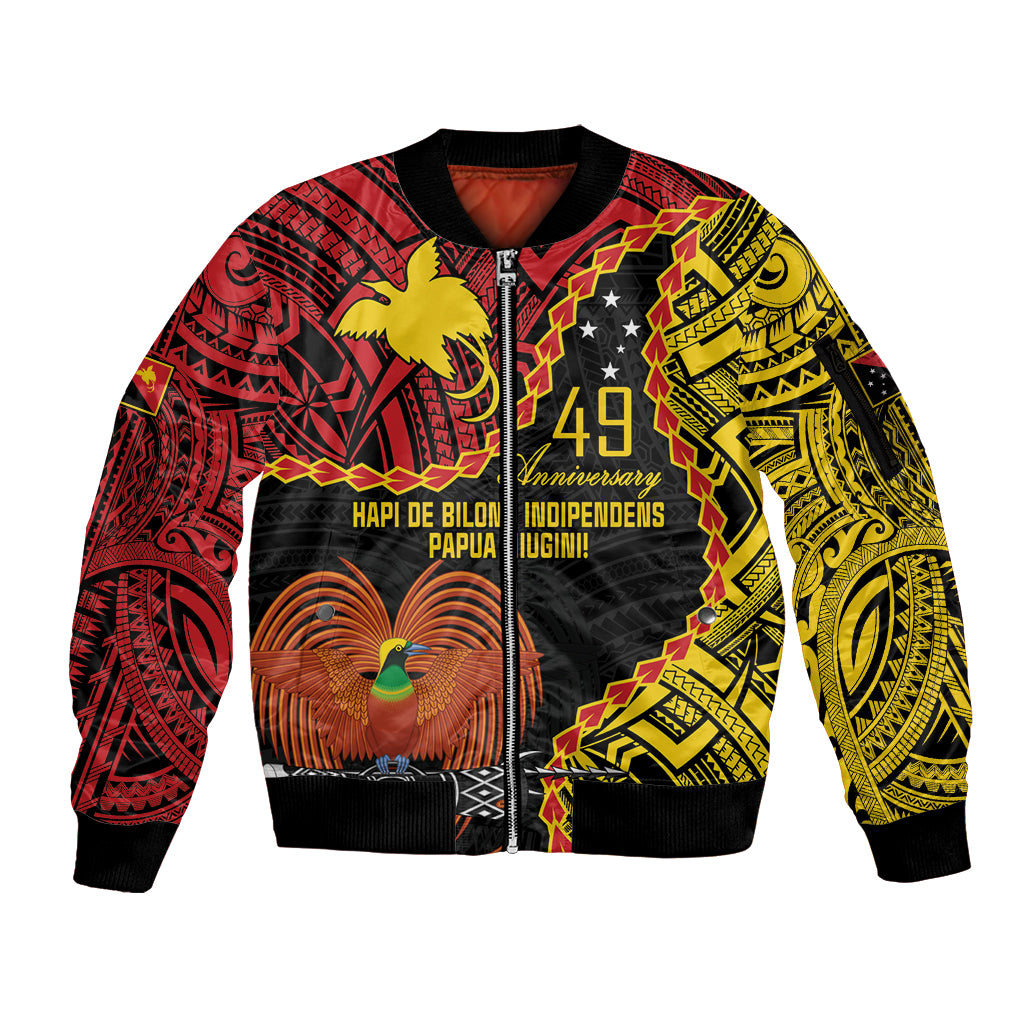 Personalised Papua New Guinea 49th Anniversary Sleeve Zip Bomber Jacket Hapi De bilong Indipendens Papua Niugini LT9 Unisex Black - Polynesian Pride