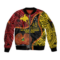 Personalised Papua New Guinea 49th Anniversary Sleeve Zip Bomber Jacket Hapi De bilong Indipendens Papua Niugini LT9 Unisex Black - Polynesian Pride