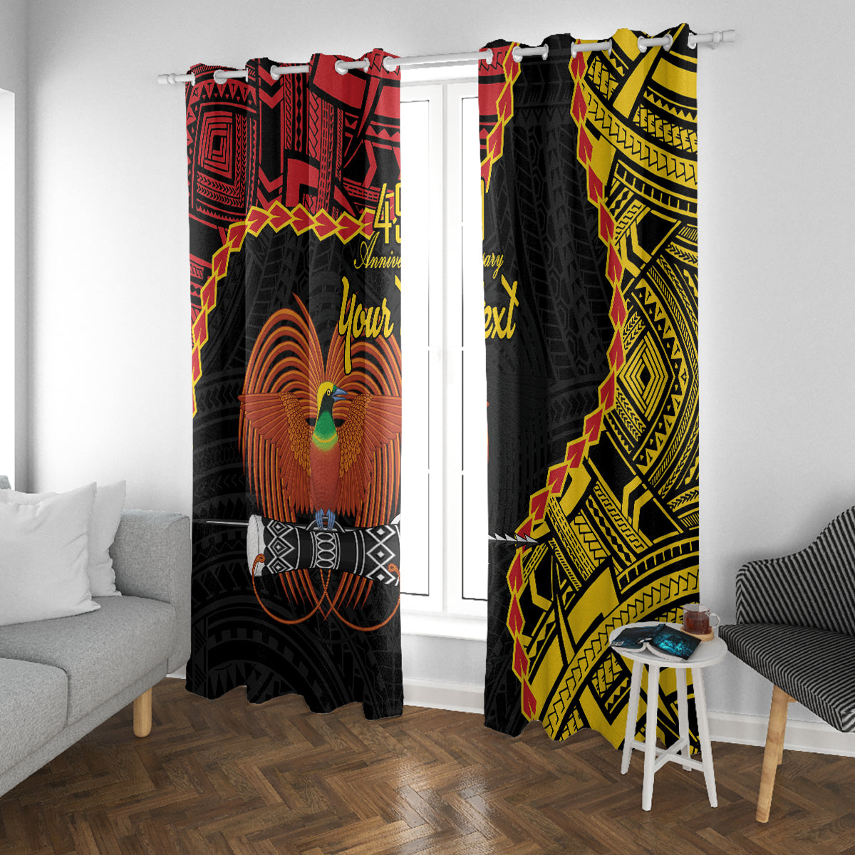 Personalised Papua New Guinea 49th Anniversary Window Curtain Hapi De bilong Indipendens Papua Niugini LT9 With Grommets Black - Polynesian Pride