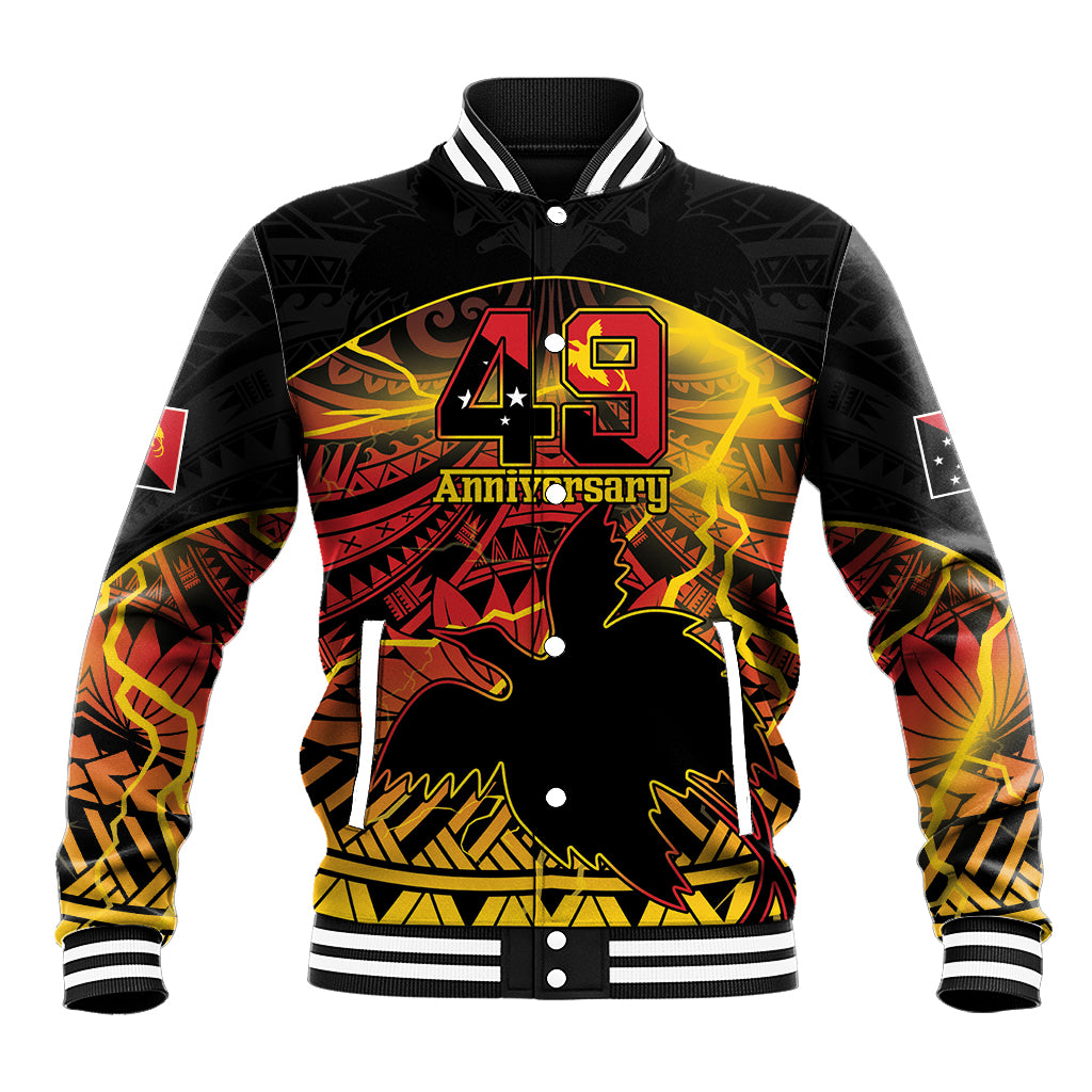 Personalised Papua New Guinea 49th Anniversary Baseball Jacket Bird of Paradise Unity In Diversity LT9 Unisex Black - Polynesian Pride