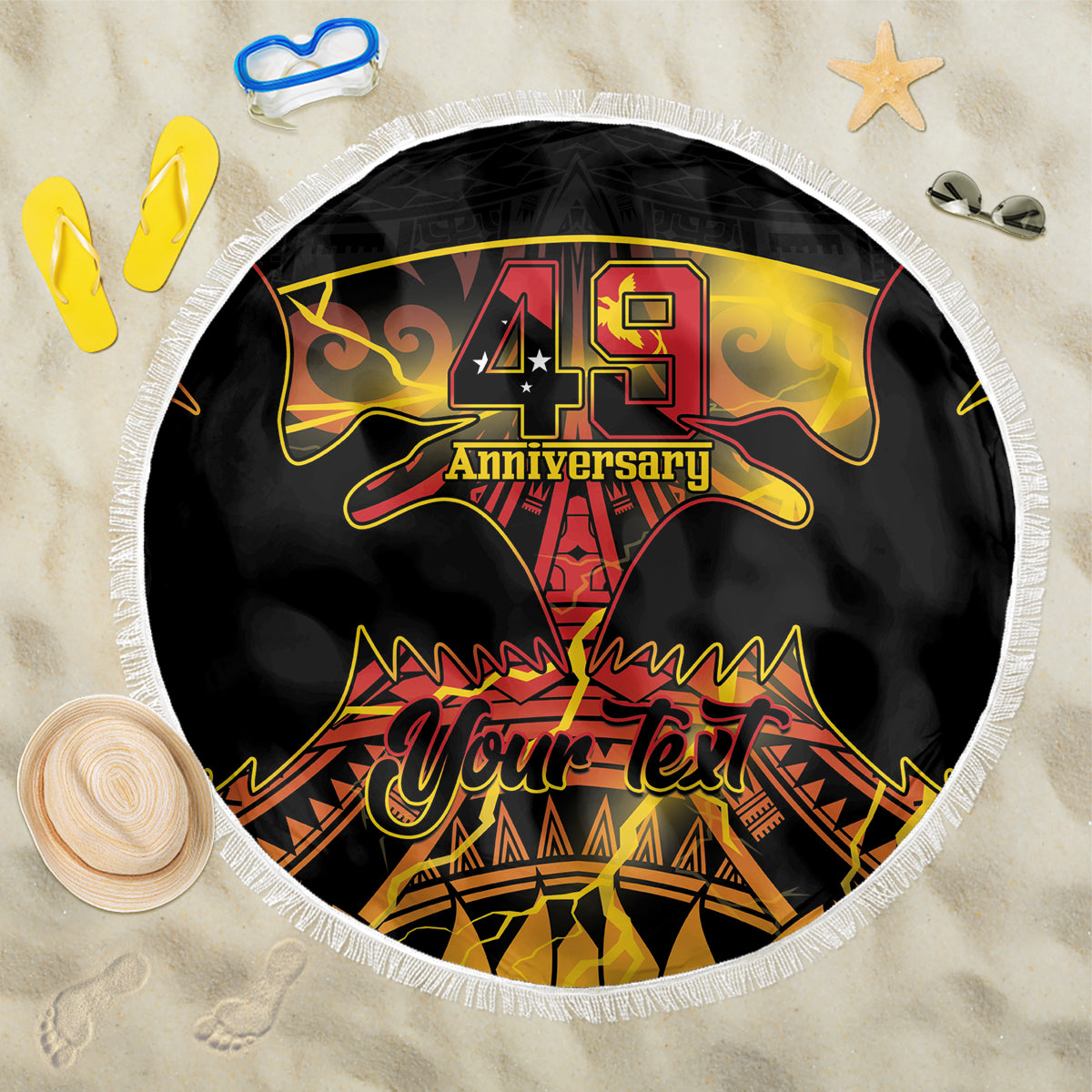 Personalised Papua New Guinea 49th Anniversary Beach Blanket Bird of Paradise Unity In Diversity LT9 One Size 150cm Black - Polynesian Pride