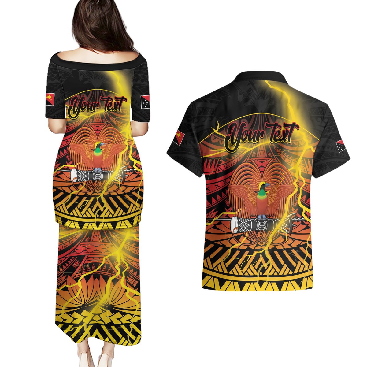 Personalised Papua New Guinea 49th Anniversary Couples Matching Puletasi and Hawaiian Shirt Bird of Paradise Unity In Diversity