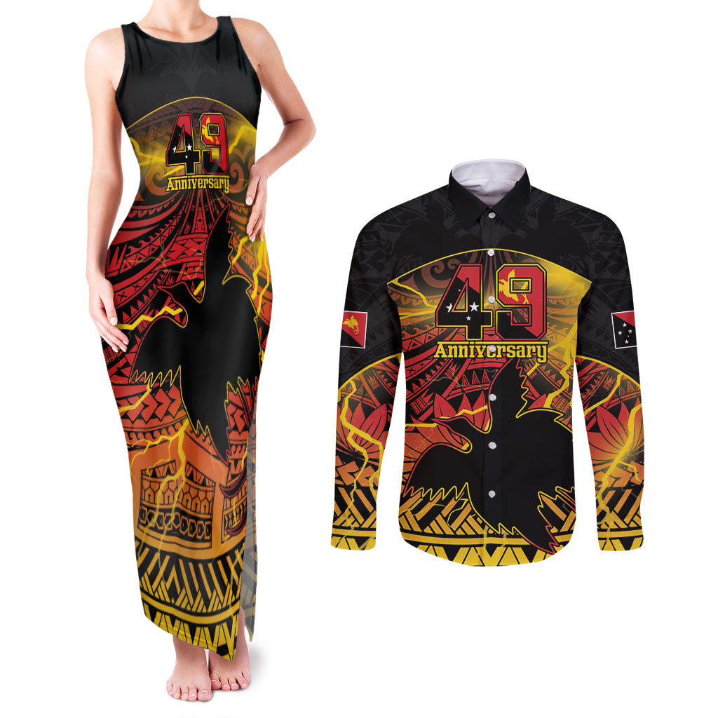 Personalised Papua New Guinea 49th Anniversary Couples Matching Tank Maxi Dress and Long Sleeve Button Shirt Bird of Paradise Unity In Diversity LT9 Black - Polynesian Pride