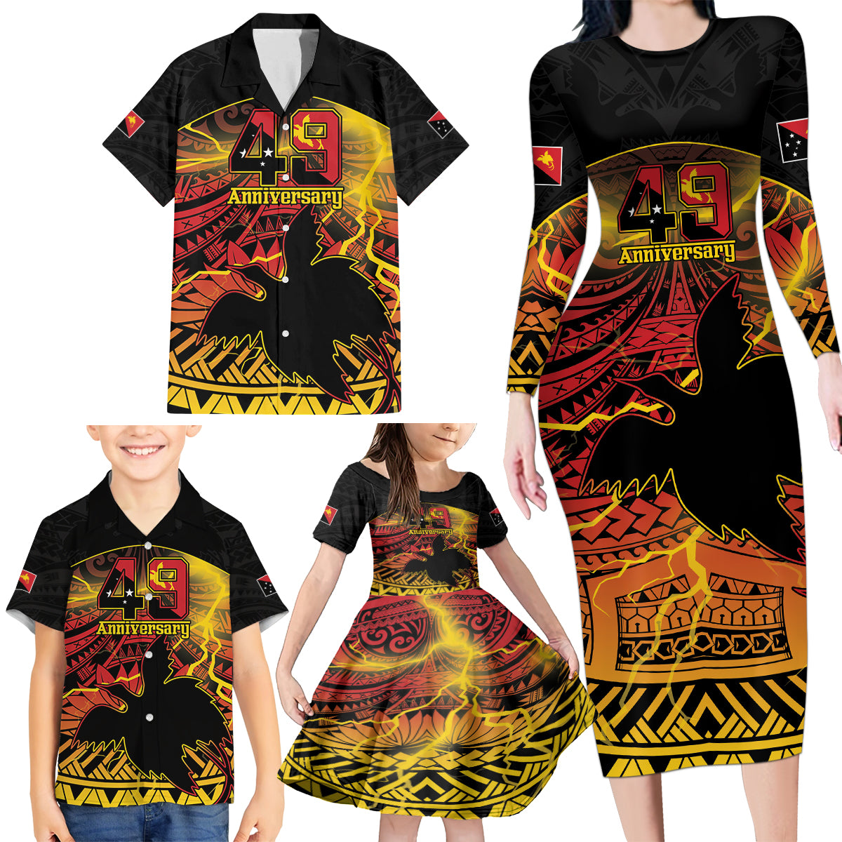 Personalised Papua New Guinea 49th Anniversary Family Matching Long Sleeve Bodycon Dress and Hawaiian Shirt Bird of Paradise Unity In Diversity