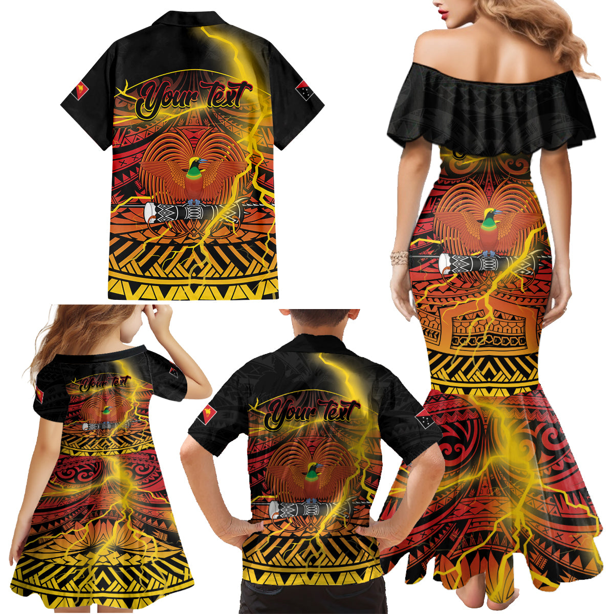 Personalised Papua New Guinea 49th Anniversary Family Matching Mermaid Dress and Hawaiian Shirt Bird of Paradise Unity In Diversity