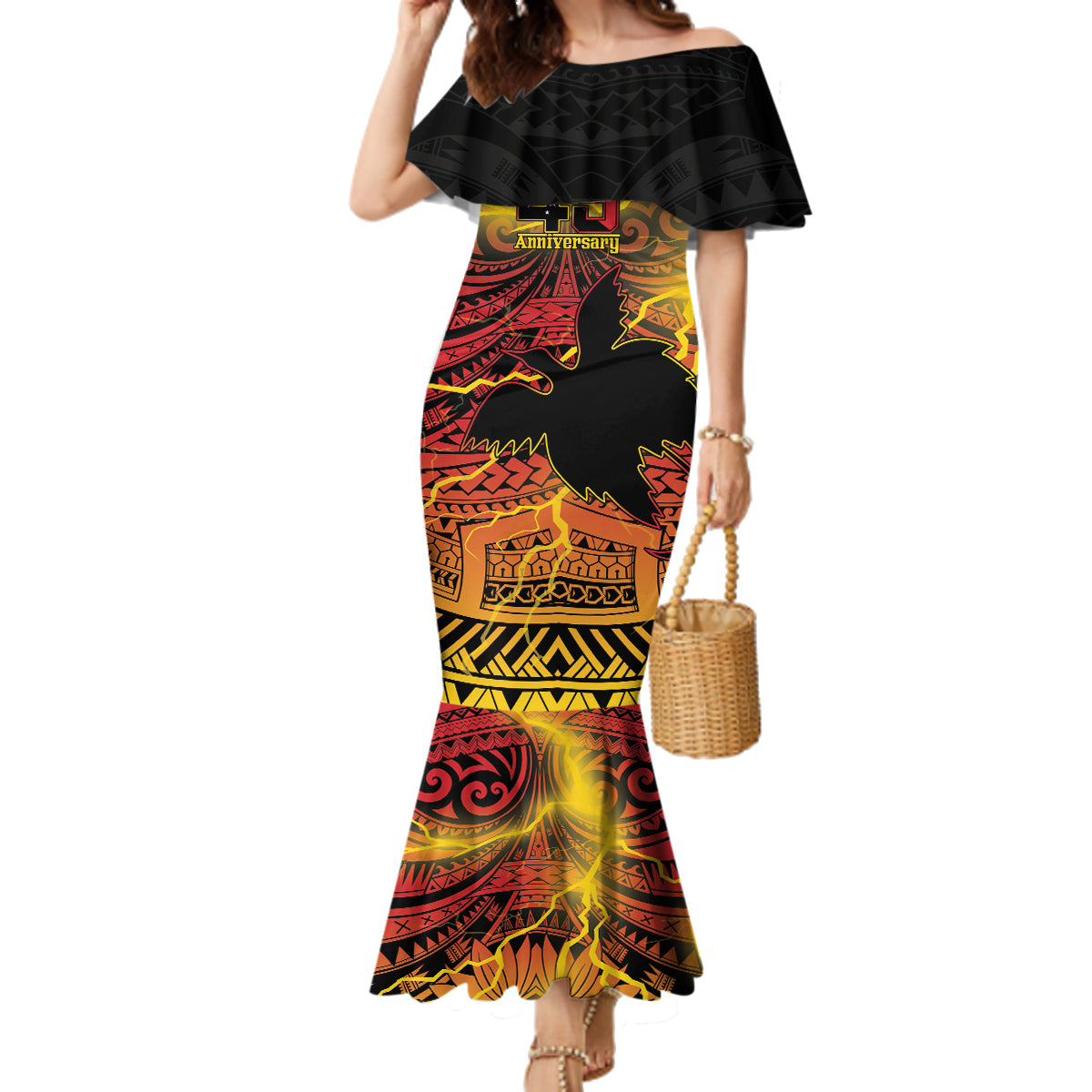 Personalised Papua New Guinea 49th Anniversary Family Matching Mermaid Dress and Hawaiian Shirt Bird of Paradise Unity In Diversity