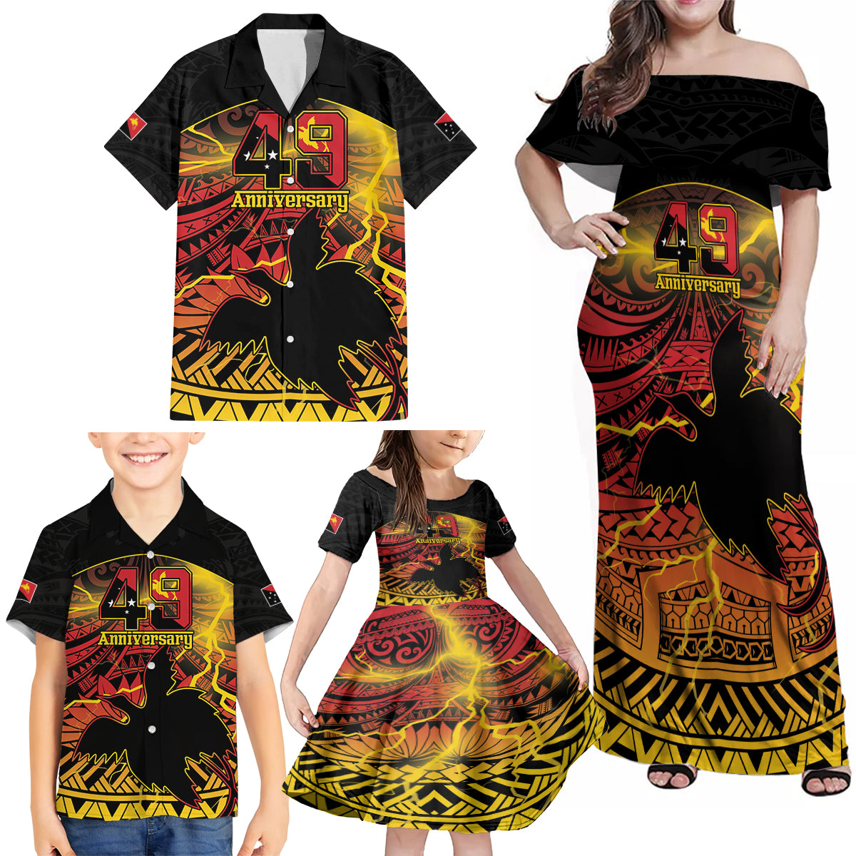 Personalised Papua New Guinea 49th Anniversary Family Matching Off Shoulder Maxi Dress and Hawaiian Shirt Bird of Paradise Unity In Diversity LT9 - Polynesian Pride