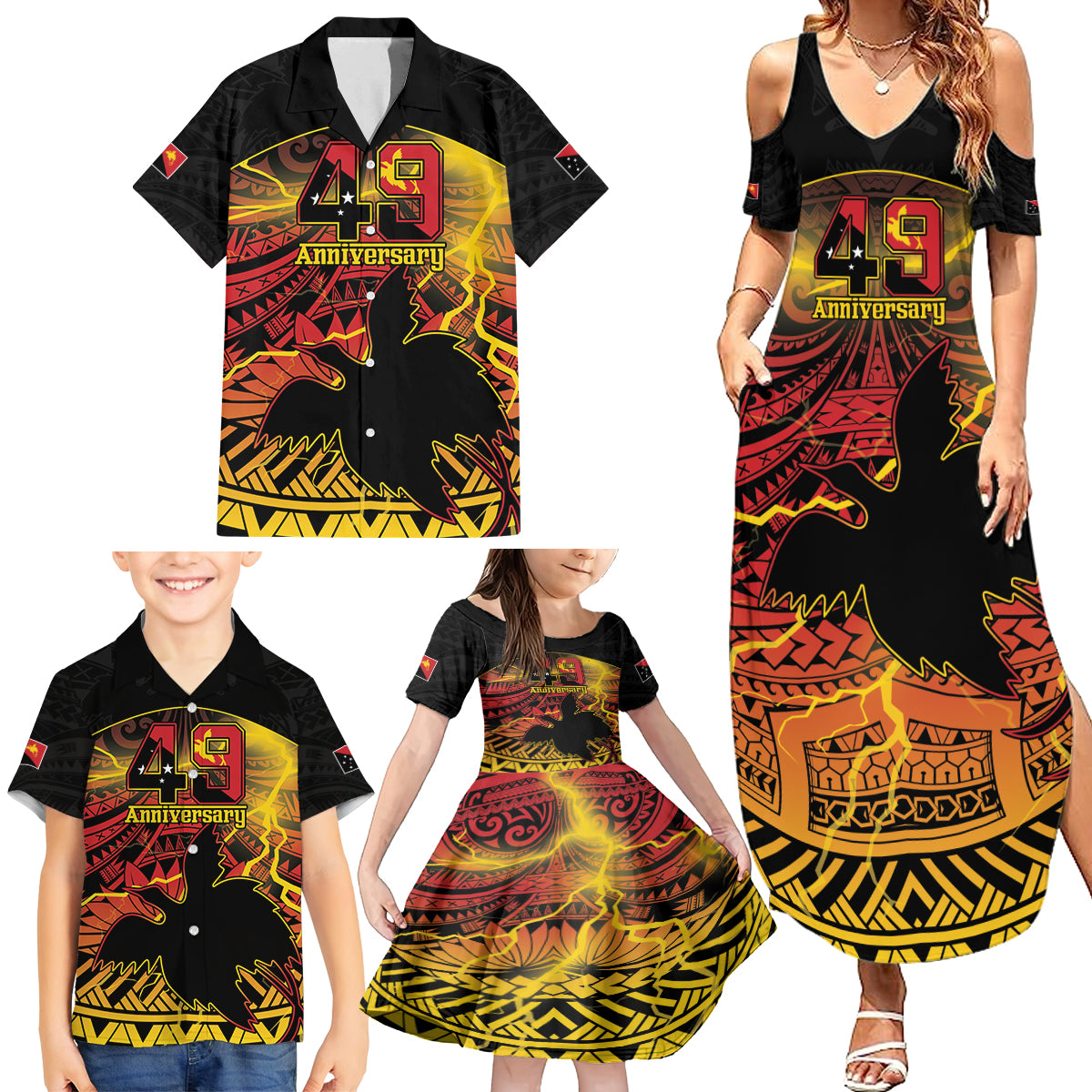 Personalised Papua New Guinea 49th Anniversary Family Matching Summer Maxi Dress and Hawaiian Shirt Bird of Paradise Unity In Diversity