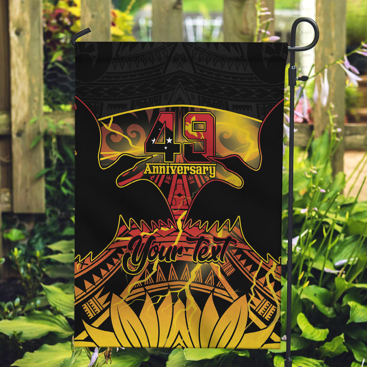 Personalised Papua New Guinea 49th Anniversary Garden Flag Bird of Paradise Unity In Diversity LT9 Garden Flag Black - Polynesian Pride