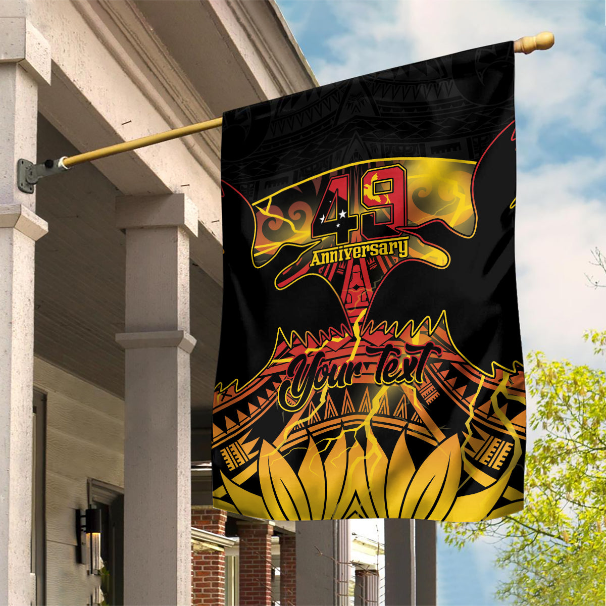Personalised Papua New Guinea 49th Anniversary Garden Flag Bird of Paradise Unity In Diversity LT9 House Flag Black - Polynesian Pride