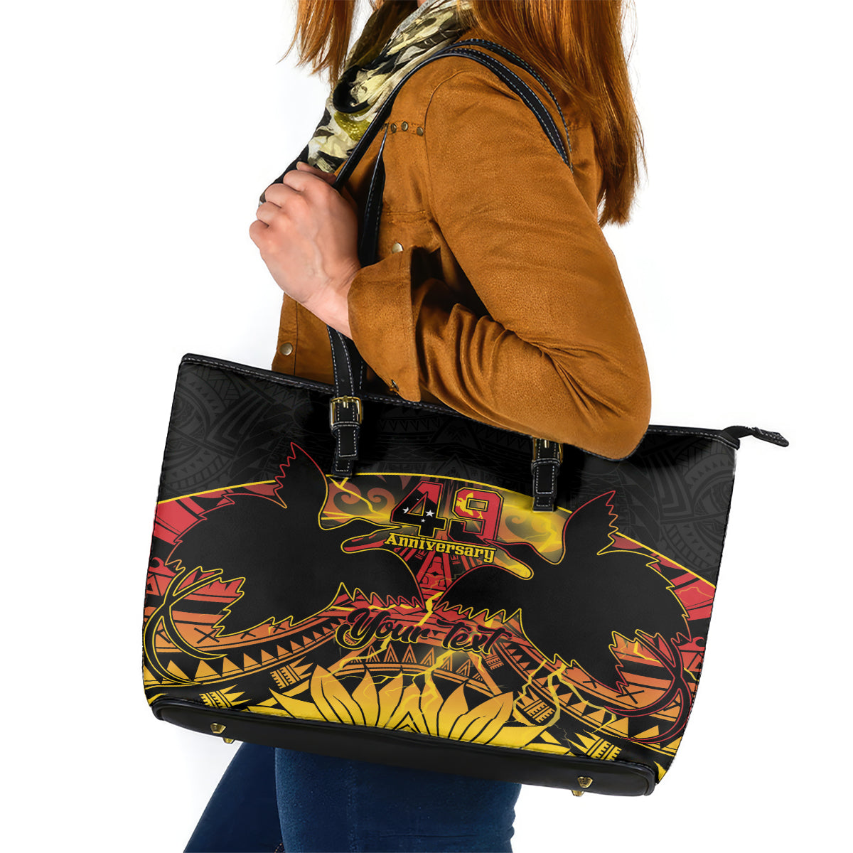 Personalised Papua New Guinea 49th Anniversary Leather Tote Bag Bird of Paradise Unity In Diversity LT9 Black - Polynesian Pride