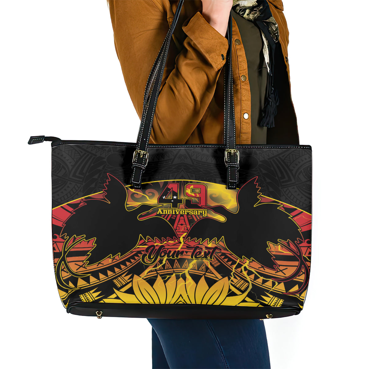 Personalised Papua New Guinea 49th Anniversary Leather Tote Bag Bird of Paradise Unity In Diversity LT9 - Polynesian Pride