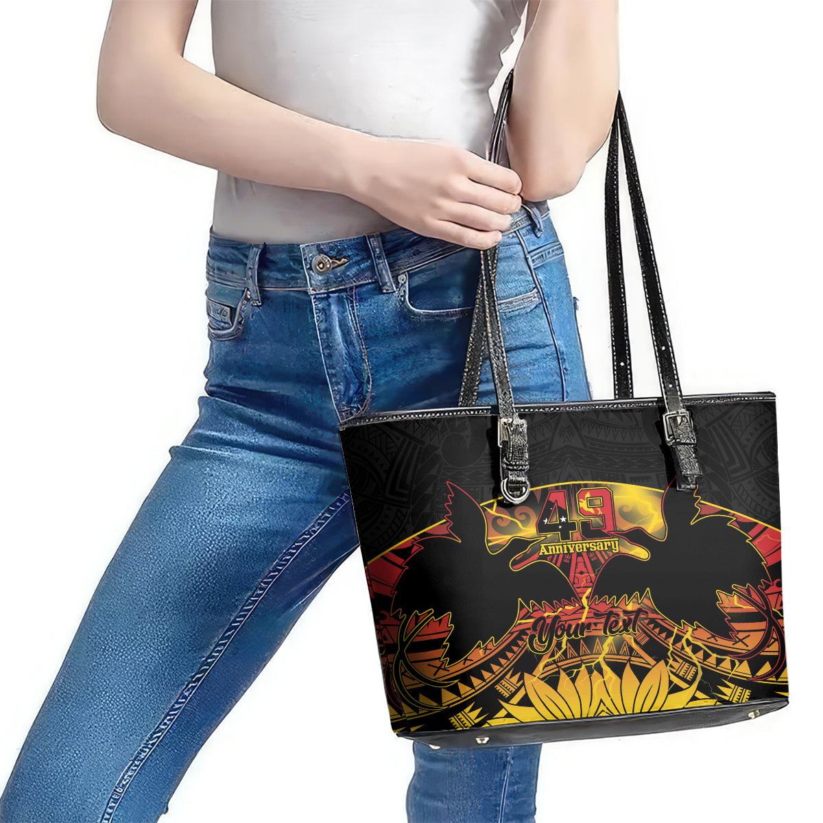 Personalised Papua New Guinea 49th Anniversary Leather Tote Bag Bird of Paradise Unity In Diversity LT9 - Polynesian Pride