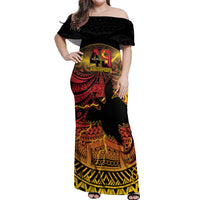 Personalised Papua New Guinea 49th Anniversary Off Shoulder Maxi Dress Bird of Paradise Unity In Diversity LT9 Women Black - Polynesian Pride