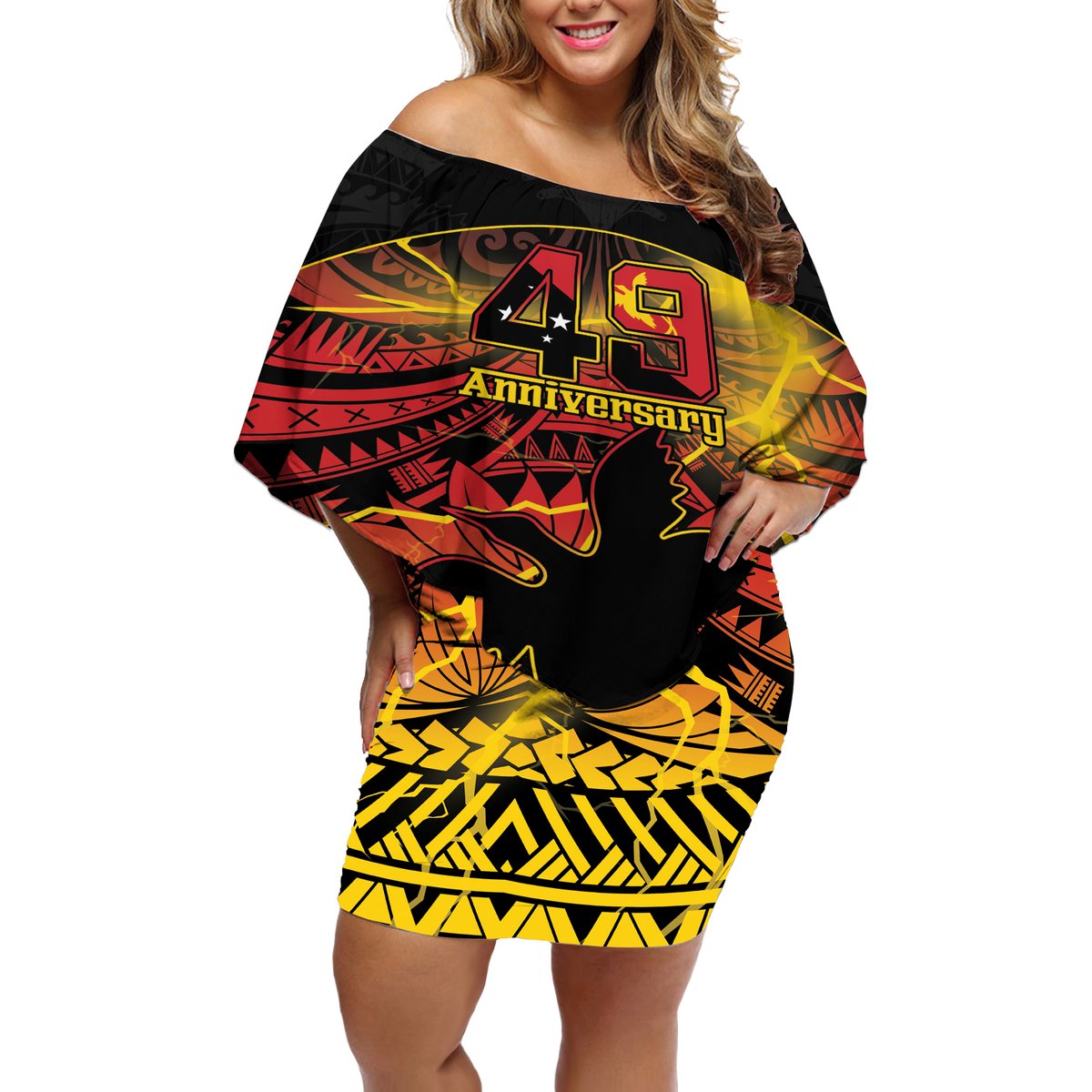Personalised Papua New Guinea 49th Anniversary Off Shoulder Short Dress Bird of Paradise Unity In Diversity LT9 Women Black - Polynesian Pride