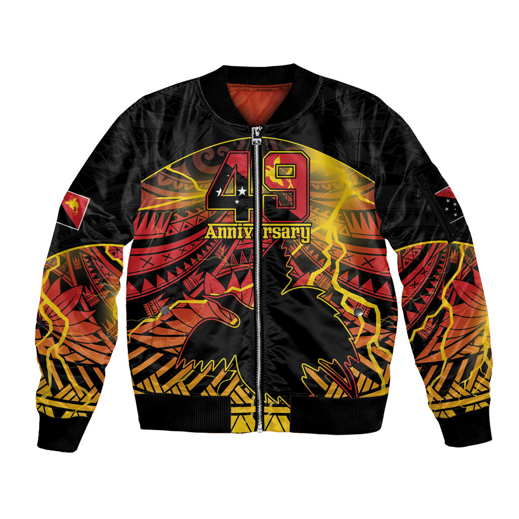 Personalised Papua New Guinea 49th Anniversary Sleeve Zip Bomber Jacket Bird of Paradise Unity In Diversity LT9 Unisex Black - Polynesian Pride