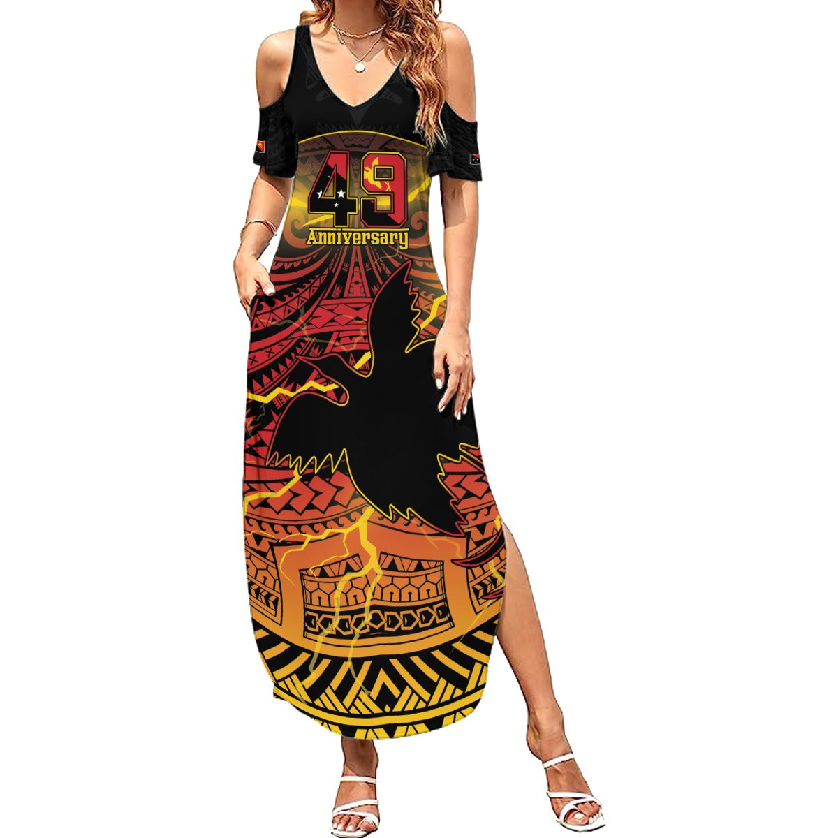 Personalised Papua New Guinea 49th Anniversary Summer Maxi Dress Bird of Paradise Unity In Diversity LT9 Women Black - Polynesian Pride