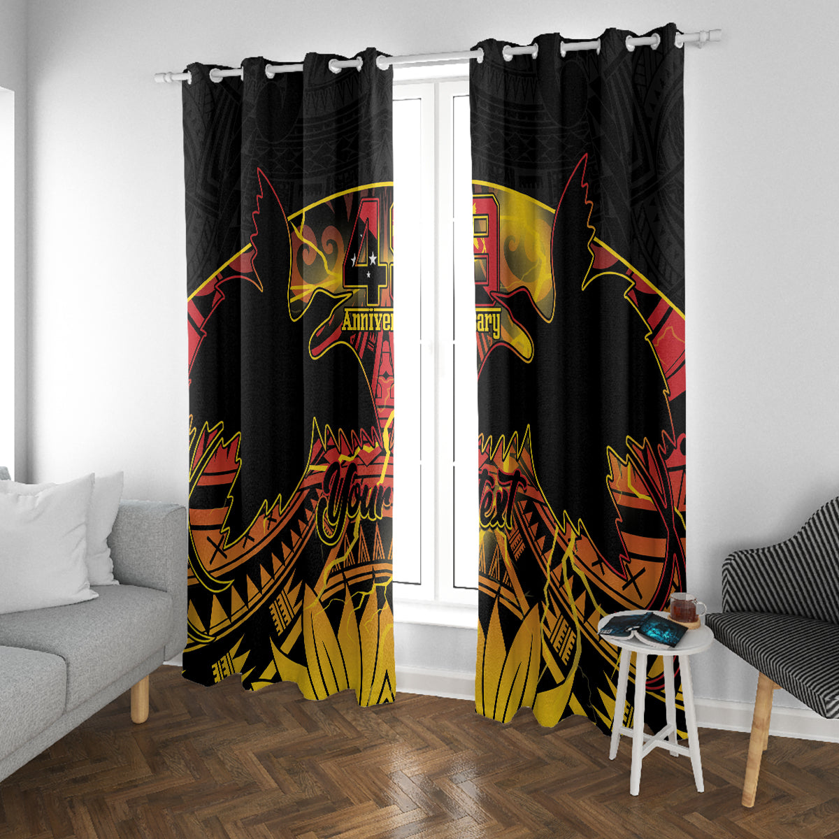 Personalised Papua New Guinea 49th Anniversary Window Curtain Bird of Paradise Unity In Diversity LT9 With Grommets Black - Polynesian Pride