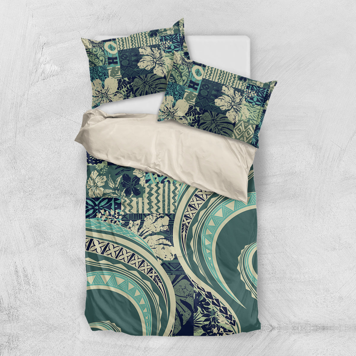 Hawaiian Hibiscus Tribal Vintage Motif Bedding Set Ver 1 LT9 US Twin 172cm x 218cm Sea Green - Polynesian Pride
