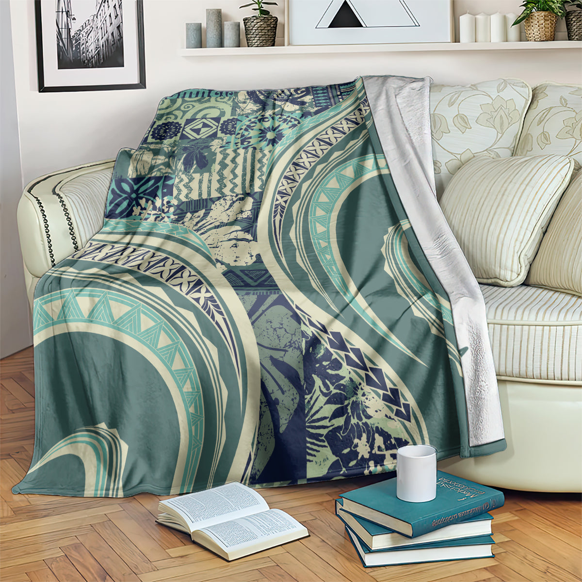 Hawaiian Hibiscus Tribal Vintage Motif Blanket Ver 1 LT9 Sea Green - Polynesian Pride