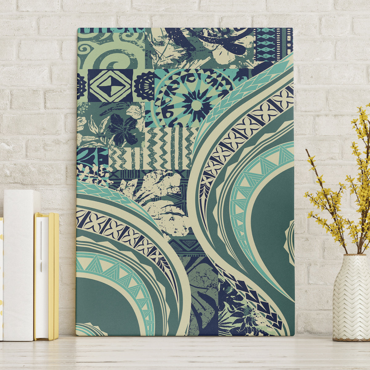 Hawaiian Hibiscus Tribal Vintage Motif Canvas Wall Art Ver 1 LT9 Without Frame Sea Green - Polynesian Pride