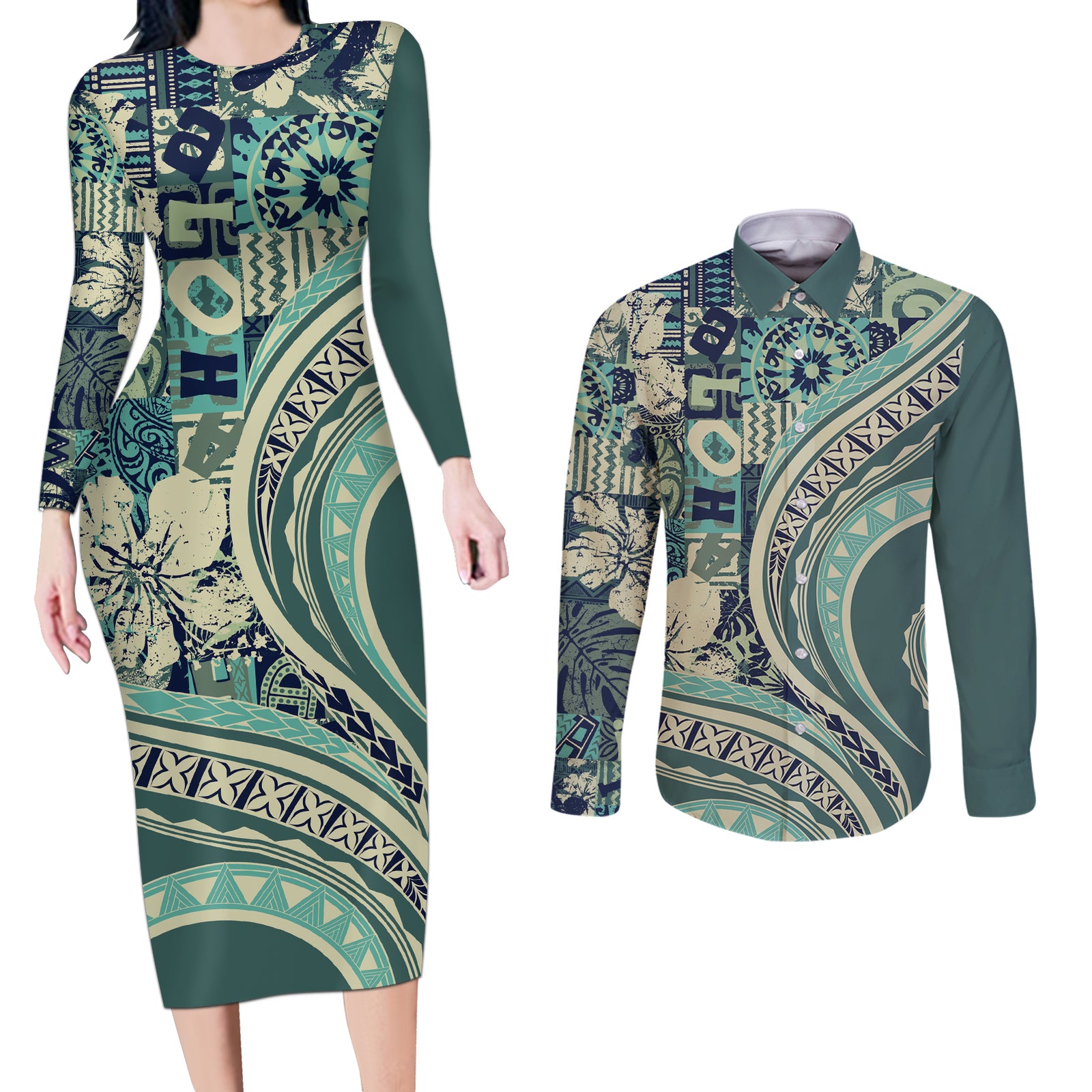 Hawaiian Hibiscus Tribal Vintage Motif Couples Matching Long Sleeve Bodycon Dress and Long Sleeve Button Shirt Ver 1 LT9 Sea Green - Polynesian Pride
