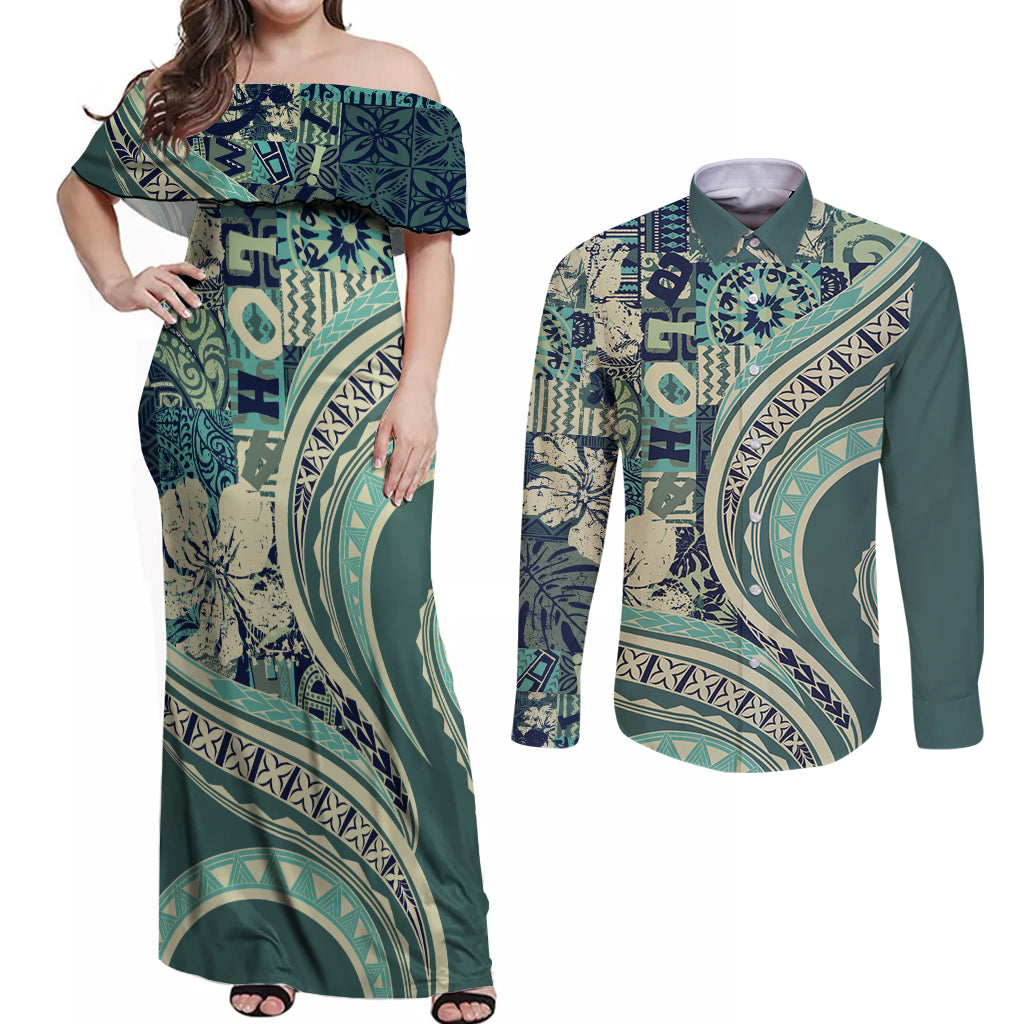 Hawaiian Hibiscus Tribal Vintage Motif Couples Matching Off Shoulder Maxi Dress and Long Sleeve Button Shirt Ver 1 LT9 Sea Green - Polynesian Pride