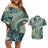 Hawaiian Hibiscus Tribal Vintage Motif Couples Matching Off Shoulder Short Dress and Hawaiian Shirt Ver 1