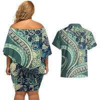 Hawaiian Hibiscus Tribal Vintage Motif Couples Matching Off Shoulder Short Dress and Hawaiian Shirt Ver 1
