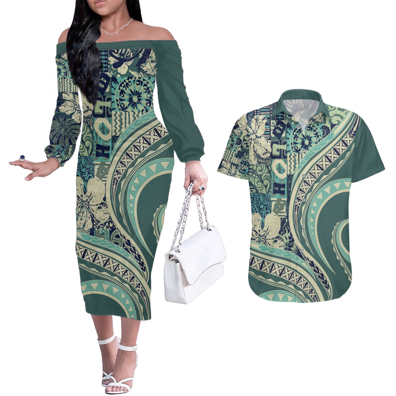 Hawaiian Hibiscus Tribal Vintage Motif Couples Matching Off The Shoulder Long Sleeve Dress and Hawaiian Shirt Ver 1 LT9 Sea Green - Polynesian Pride