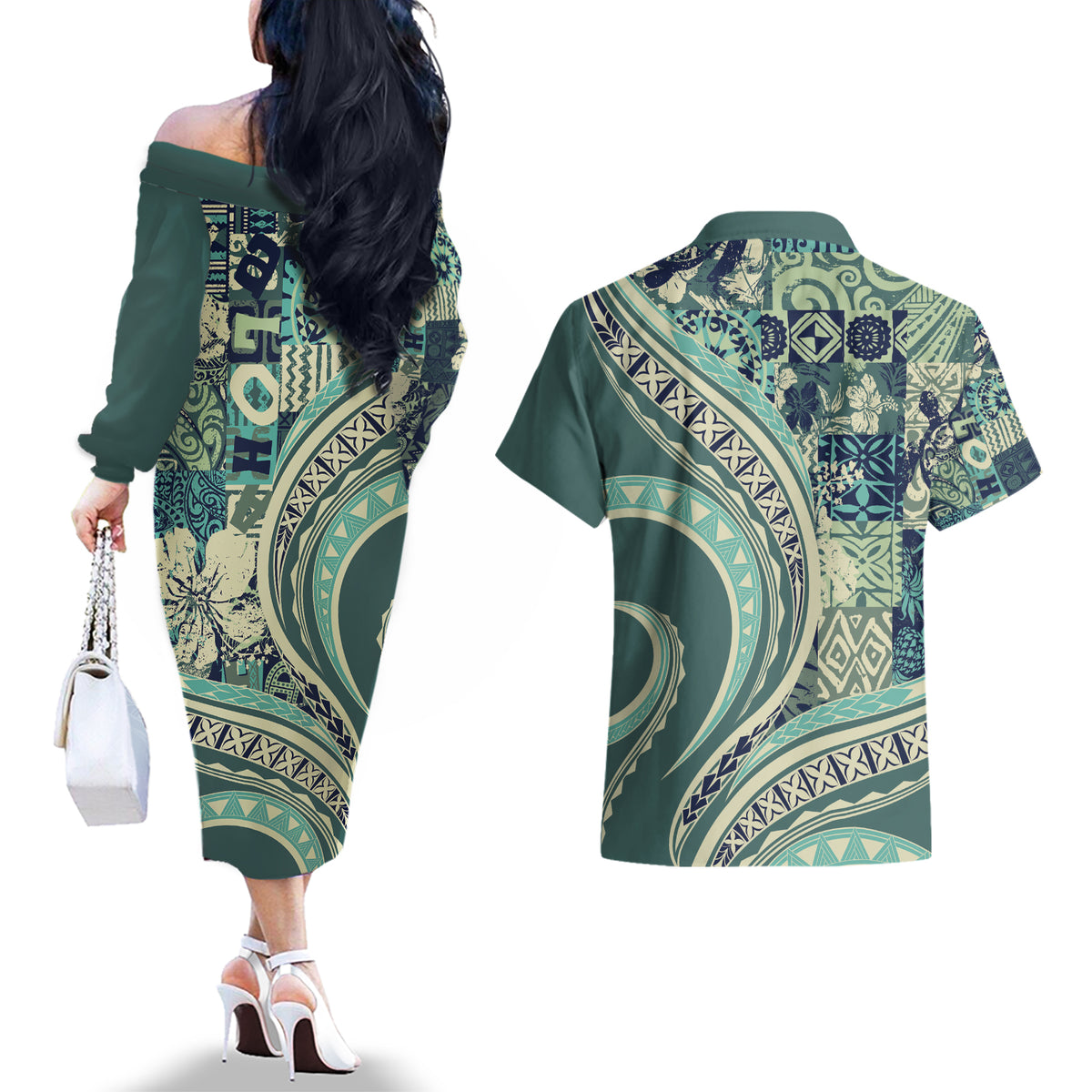 Hawaiian Hibiscus Tribal Vintage Motif Couples Matching Off The Shoulder Long Sleeve Dress and Hawaiian Shirt Ver 1