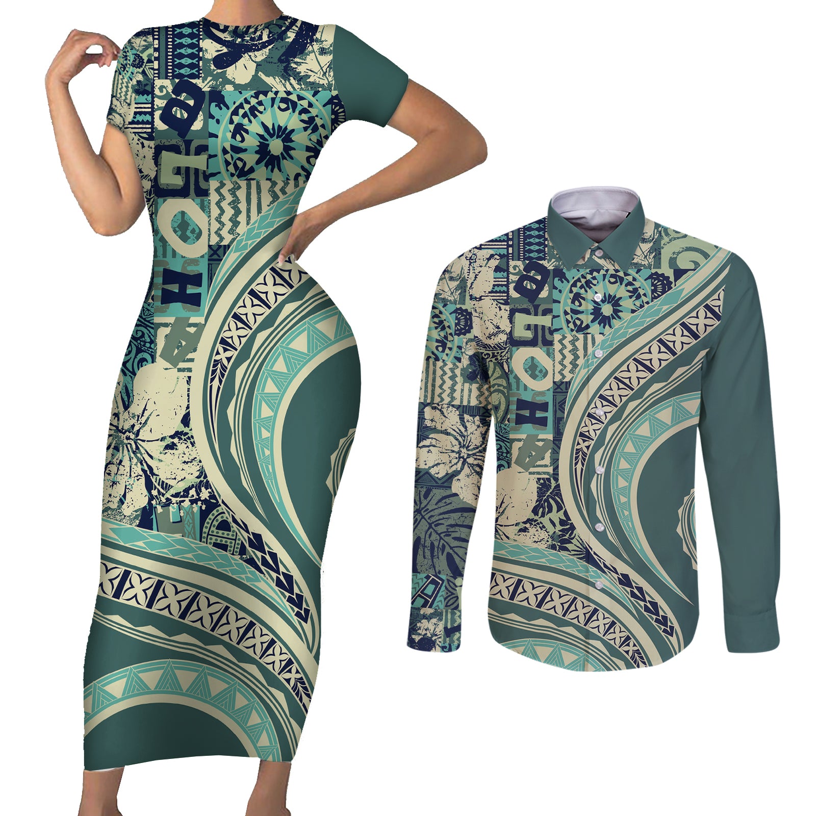 Hawaiian Hibiscus Tribal Vintage Motif Couples Matching Short Sleeve Bodycon Dress and Long Sleeve Button Shirt Ver 1 LT9 Sea Green - Polynesian Pride