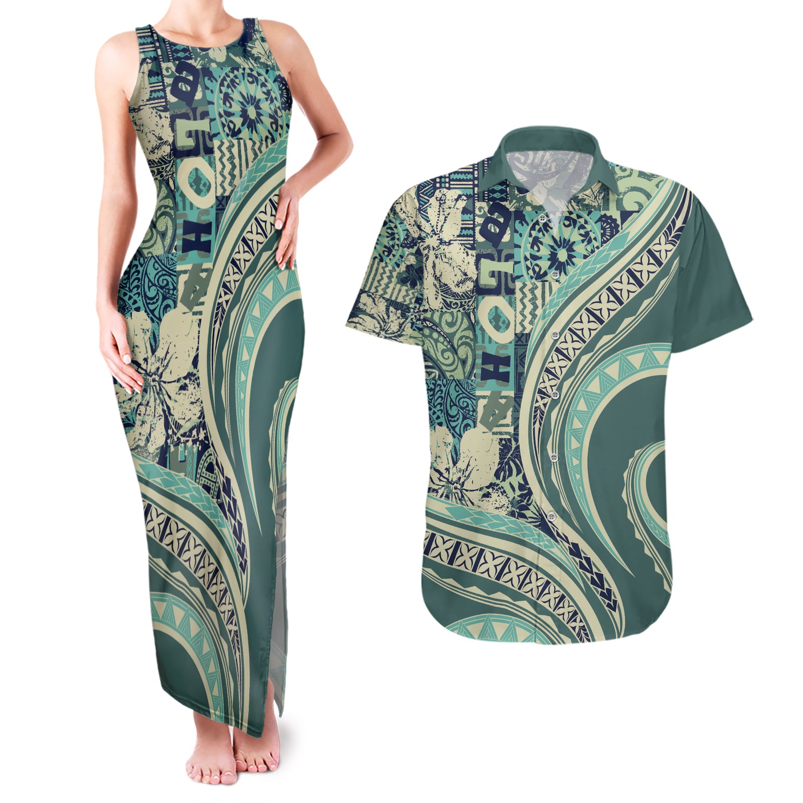 Hawaiian Hibiscus Tribal Vintage Motif Couples Matching Tank Maxi Dress and Hawaiian Shirt Ver 1 LT9 Sea Green - Polynesian Pride
