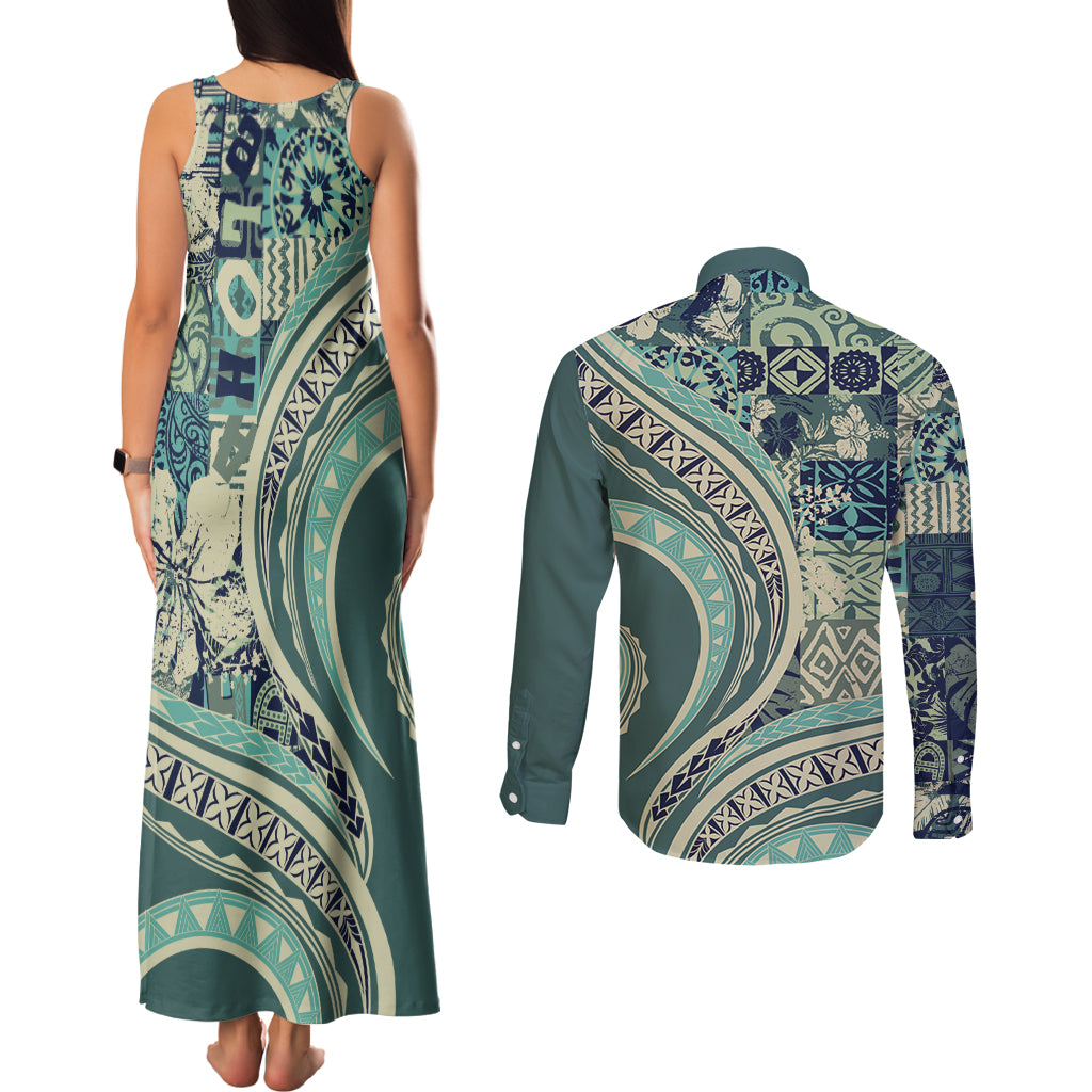 Hawaiian Hibiscus Tribal Vintage Motif Couples Matching Tank Maxi Dress and Long Sleeve Button Shirt Ver 1