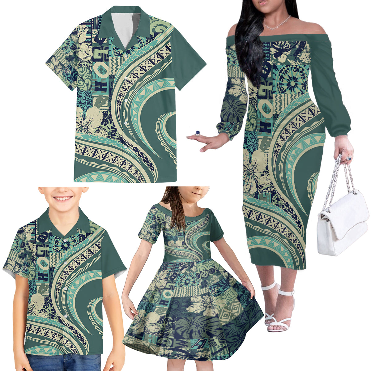 Hawaiian Hibiscus Tribal Vintage Motif Family Matching Off The Shoulder Long Sleeve Dress and Hawaiian Shirt Ver 1 LT9 - Polynesian Pride