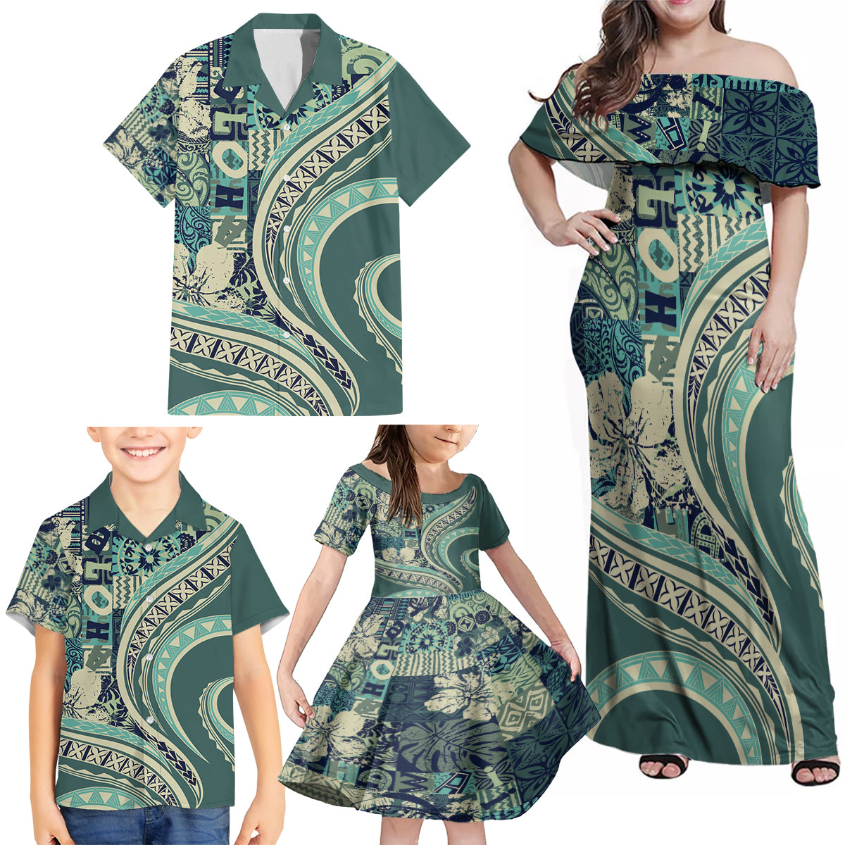 Hawaiian Hibiscus Tribal Vintage Motif Family Matching Off Shoulder Maxi Dress and Hawaiian Shirt Ver 1 LT9 - Polynesian Pride
