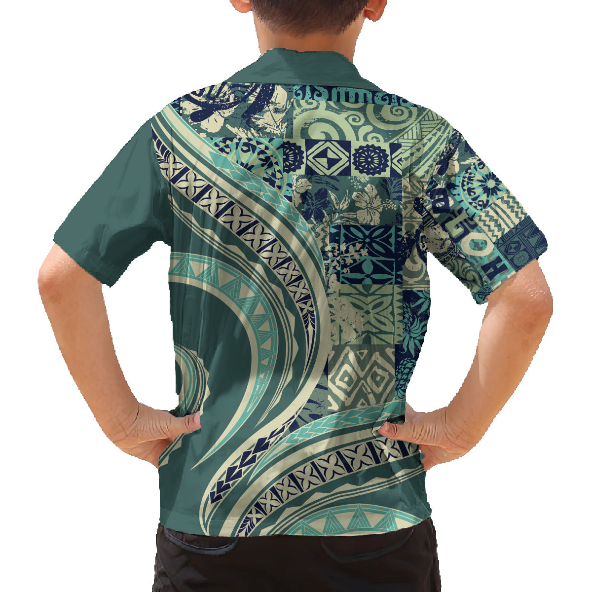 Hawaiian Hibiscus Tribal Vintage Motif Family Matching Off Shoulder Short Dress and Hawaiian Shirt Ver 1