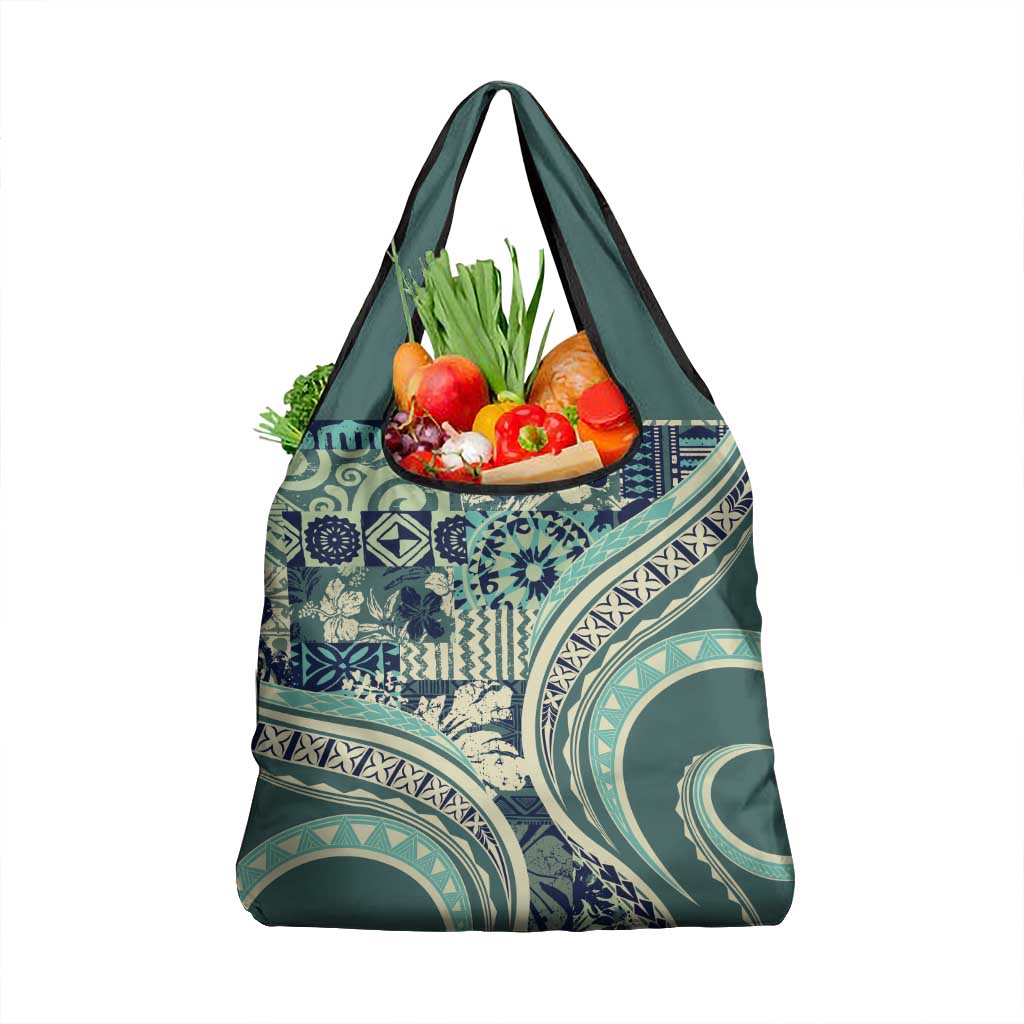 Hawaiian Hibiscus Tribal Vintage Motif Grocery Bag Ver 1 LT9 1-pack One Size Sea Green - Polynesian Pride