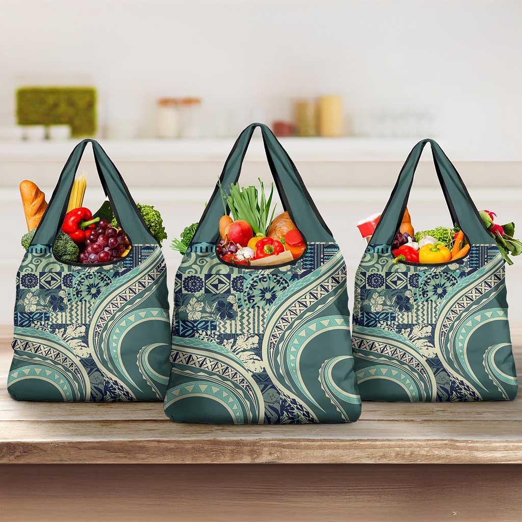 Hawaiian Hibiscus Tribal Vintage Motif Grocery Bag Ver 1 LT9 3-pack One Size Sea Green - Polynesian Pride